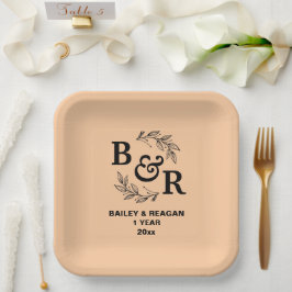 Blätter Motif Monogram zum ersten Hochzeitstag Pappteller