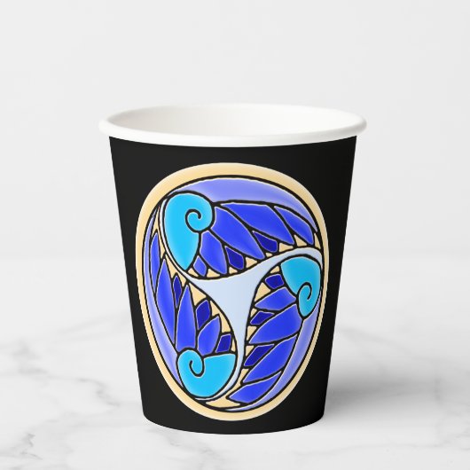 Blätter Nautilus und Palm - 3 Blues, Gelb, Schwarz Pappbecher (Vorderseite)