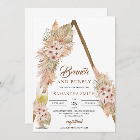 Blätter Pampas Grass Brunch und Bubbly, getrocknet Einladung (Vorne/Hinten)