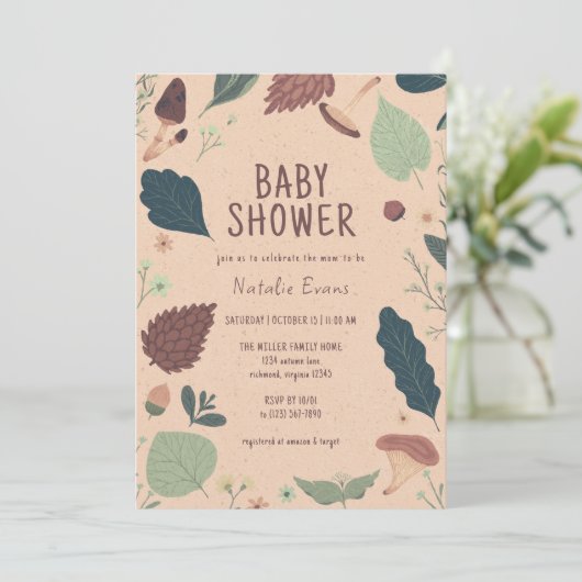 Blätter & Pilze | Rustic Fall Baby Dusche Einladung (Stehend Vorderseite)