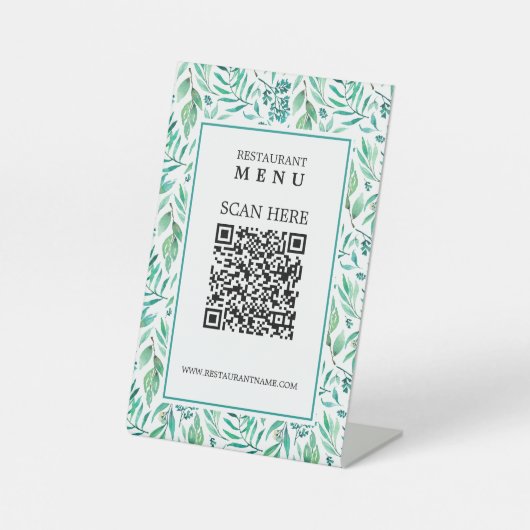Blätter & QR Code Digital Menu Pedestal Sign Sockelschild (Vorderseite)