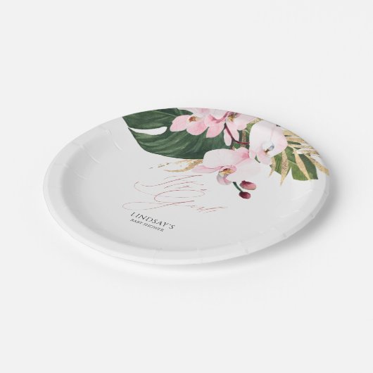 Blätter Rosa Orchideen Elegant Pappteller (Schrägansicht)