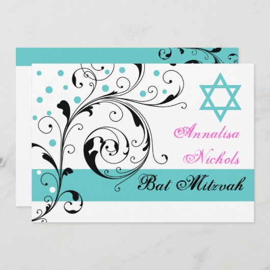 Blätter schwarz, weiß, aqua & Star von David Einladung (Vorne/Hinten)