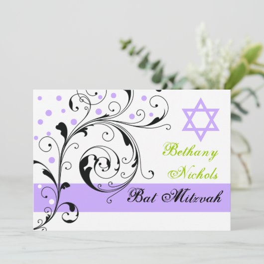 Blätter schwarz, weiß, lila & Star von David Einladung (Stehend Vorderseite)
