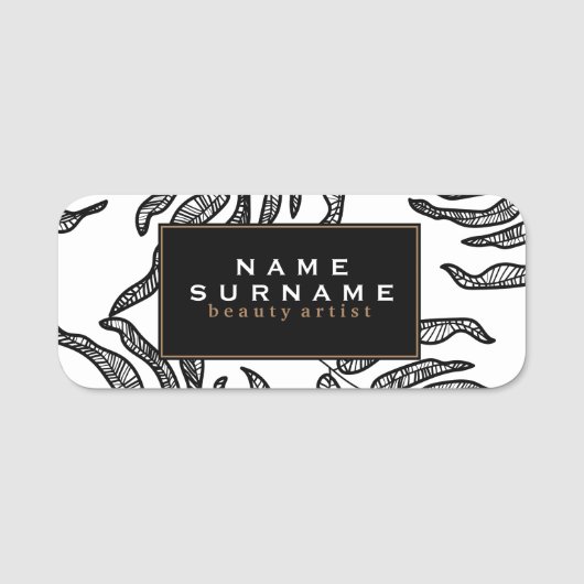 Blätter Schwarz-Weiß-Moderne Namensschild (Vorderseite)