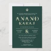 Blätter Typografie Green Anand Karaj Sikh Wedding Einladung (Vorderseite)