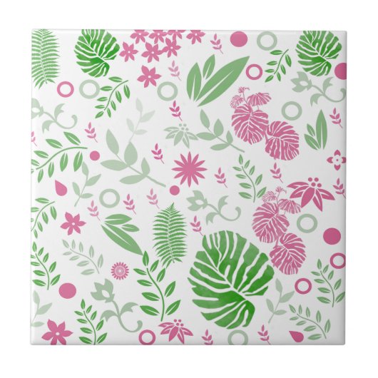 Blätter und Blume grün und rosa Fliese (Vorderseite)