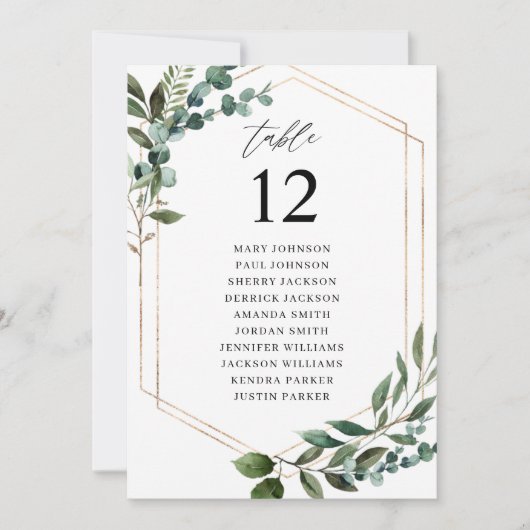 Blätter und Eukalyptus-Gold-Tischnummer Einladung (Vorderseite)