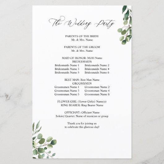 Blätter und Eukalyptus-Hochzeitsprogramm MEDIUM (Rückseite)