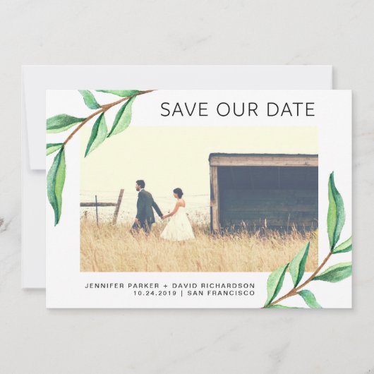 Blätter und Foto für grüne Wasserfarben | SAVE THE Date (Vorderseite)