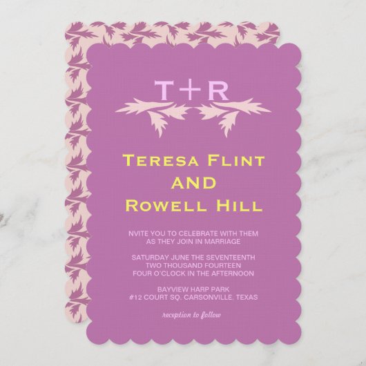 Blätter und Monogramm Einladung (Vorne/Hinten)