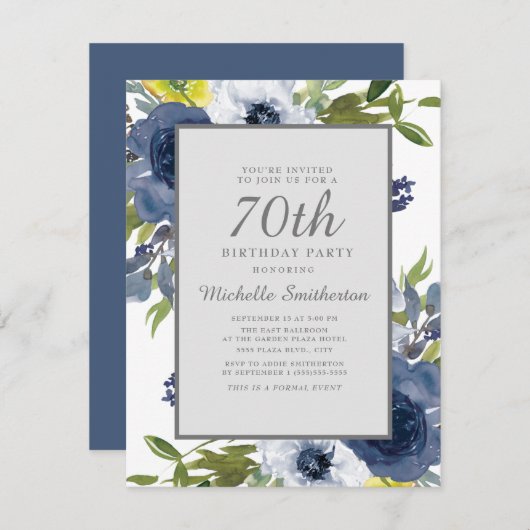 Blätter von Navy Yellow White Floral 70. Geburtsta Einladung (Vorne/Hinten)