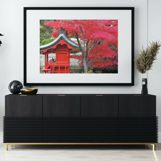 Blätter von Red Japanese Maple und Garden Shrine Fotodruck