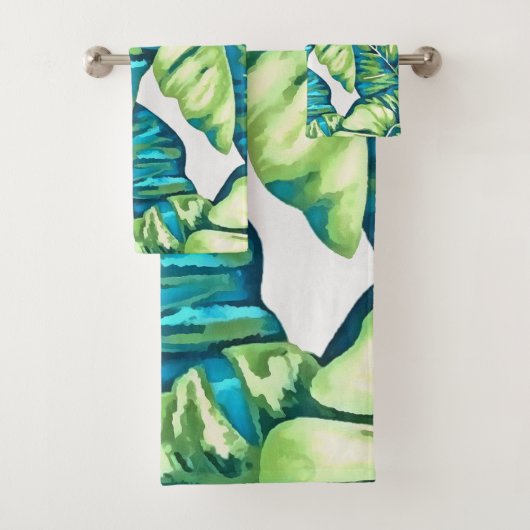 Blätter von Tropical Monstera und Banana Blue Gree Badhandtuch Set (Insitu)