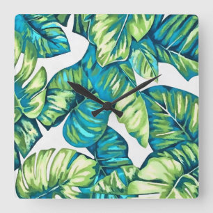 Blätter von Tropical Monstera und Banana Blue Gree Quadratische Wanduhr