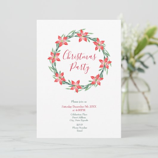 Blätter Watercolor Poinsettia Wreath Einladung (Stehend Vorderseite)