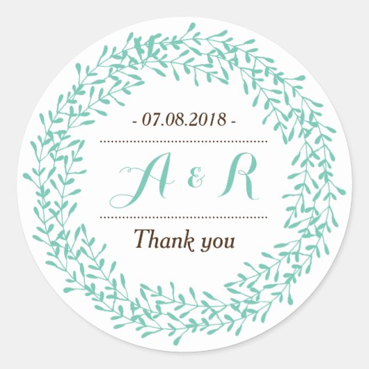 Blätter Wreath Monogram Wedding Dankeschön Sticker (Vorderseite)