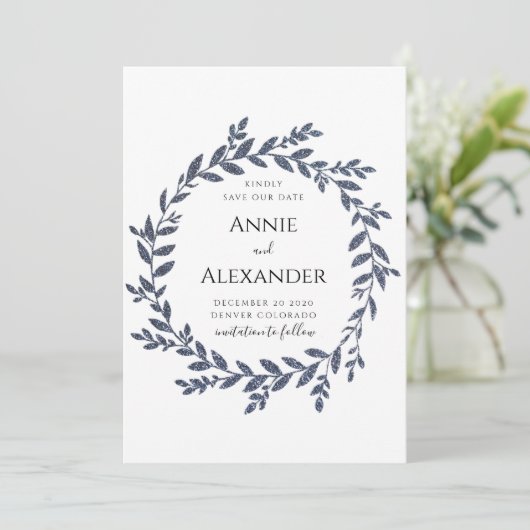 Blätter zum blauen grauen Glitzer Save the Date Einladung (Stehend Vorderseite)