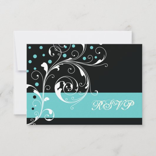 Blätterblatt schwarz, Aqua-Hochzeit RSVP (Vorderseite)