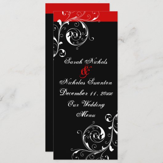 Blätterblatt schwarz, rote Hochzeitskarte Menükarte (Vorne/Hinten)