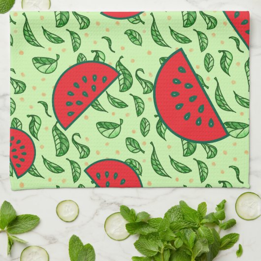Blättermuster und Wassermelonen Geschirrtuch (Gefaltet)