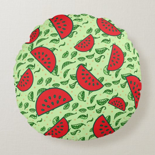 Blättermuster und Wassermelonen Rundes Kissen (Vorderseite)