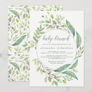 Blattgrün Watercolor Wreath Baby Brunch Einladung