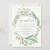 Blattgrün| Watercolor Wreath Side und See Einladung (Vorderseite)