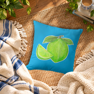 Blattgrüne Limette mit leuchtend blauem Zitrusmust Kissen