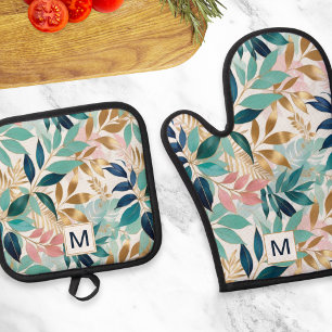 Blattmuster Hübsche Farbene Blätter Monogrammiert Ofenhandschuh & Topflappen-Set