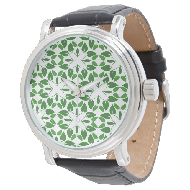 Blattmuster, Muster von Blätter, grüne Blätter Armbanduhr (Schrägansicht)