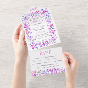 Blattrand, Beeren rosa lila Hochzeit All In One Einladung