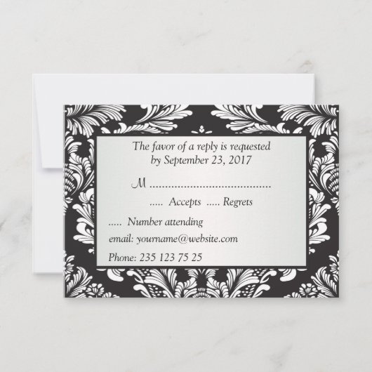 Blattweißes Damaselmuster auf schwarzer UAWG RSVP Karte (Rückseite)