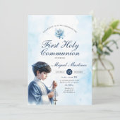 Blau 1. Heiliger Kommunion Junge Prachen Silberkre Einladung (Stehend Vorderseite)