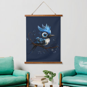 Blau-Abstrakt-blaue Jay rechts gegenüber Wandteppich Mit Holzrahmen