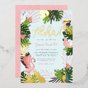 Blau   Aloha Hawaii Tropical Gold Geburtstagsfeier Folieneinladung