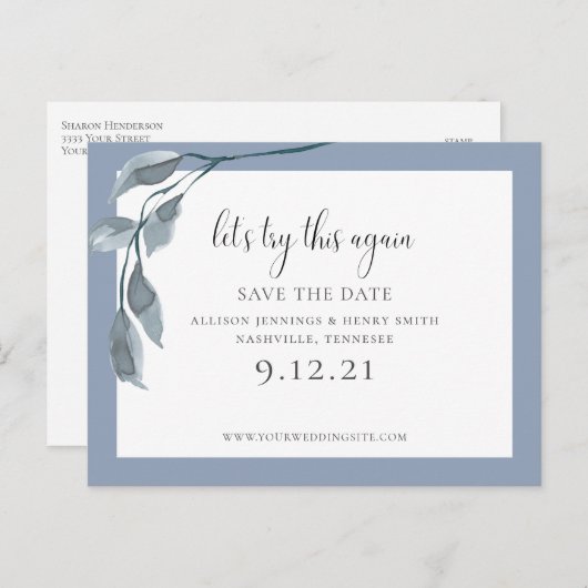 Blau Ändern Sie das Datum Hochzeit speichern Sie d Ankündigungspostkarte (Vorne/Hinten)