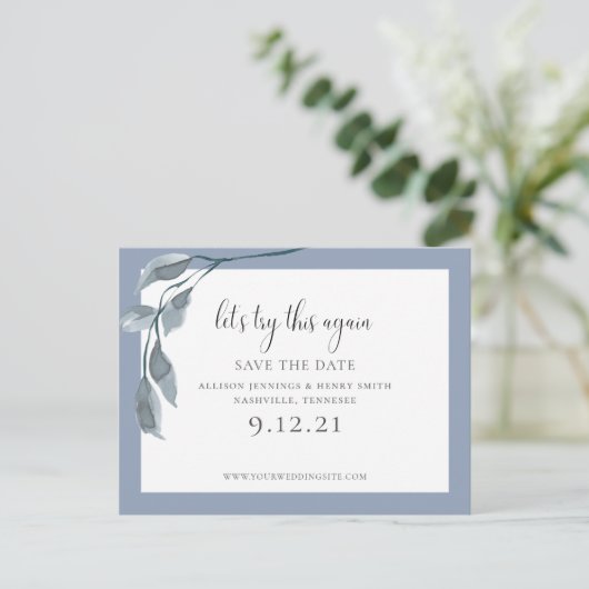 Blau Ändern Sie das Datum Hochzeit speichern Sie d Ankündigungspostkarte (Stehend Vorderseite)