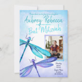 Blau, Aqua Dragonfly Bat Mitzvah Einladung (Vorderseite)