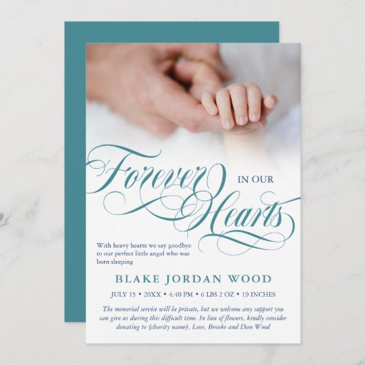 Blau Aquamarin für immer in unserem Hearts Baby Me Ankündigung (Vorne/Hinten)