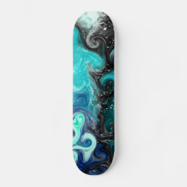 Blau, Aquamarin, schwarz Marmorflüssigkeit Kunst Skateboard