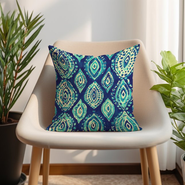 Blau Aquamarin Türkis Bohemisches Muster Kissen (Blue Teal Turquoise Bohemian Pattern Throw Pillow)