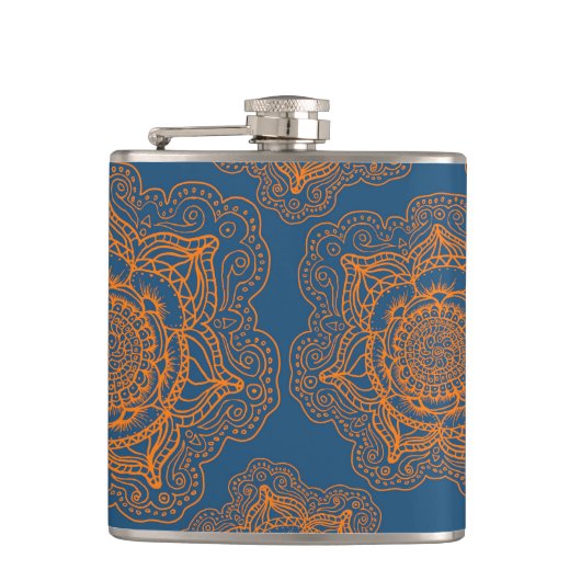 Blau auf orange Mandala Flachmann (Vorderseite)