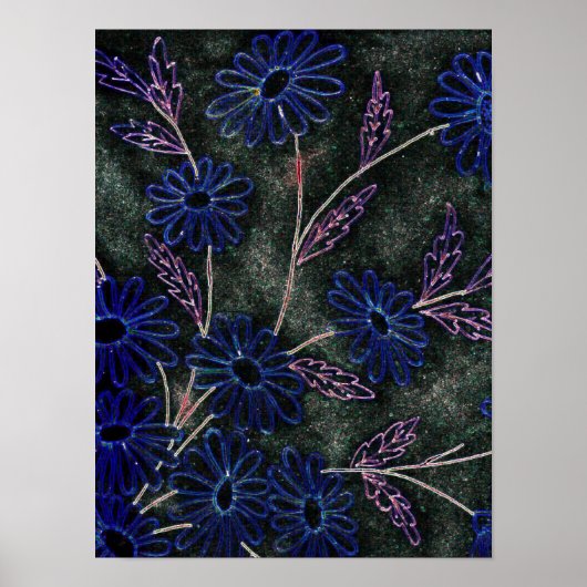 blau auf schwarzem Blumendekor Poster (Vorne)