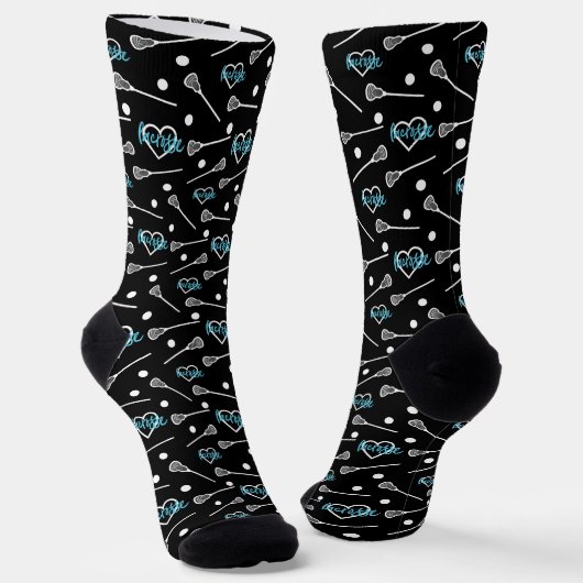 Blau auf schwarzen Lacrosse Sticks & Herz Muster Socken (Gewinkelt)