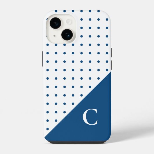 Blau auf weißem Polka Dot Muster Monogram iPhone Hülle (Rückseite)