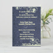 Blau bearbeitete Leder-und Creme-Spitze-Hochzeit Einladung (Stehend Vorderseite)