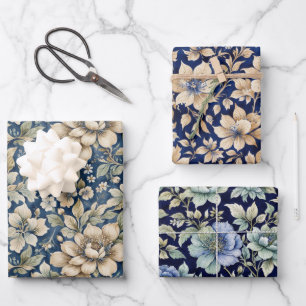 Blau Beige Grün Chinoiserie Toile Floral Geburtsta Geschenkpapier Set