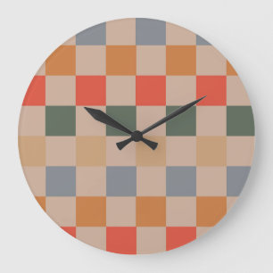 Blau Beige Orange Braun Kariert Gingham-Muster Große Wanduhr
