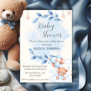Blau Beige, Teddybär, Ballons, Babyparty Junge Einladung